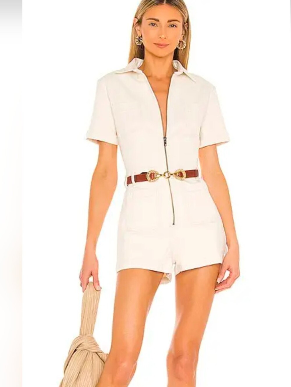 Bardot Cream Romper Short Sleeve Zip Front Brown Belt Large
